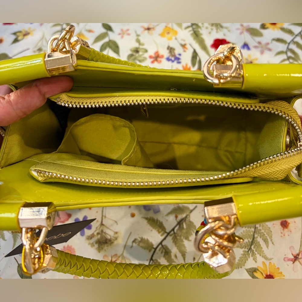 BEBE Lime Green Patent Satchel/Crossbody w/Braided Top Handle/Adjustable Strap - Picture 12 of 14